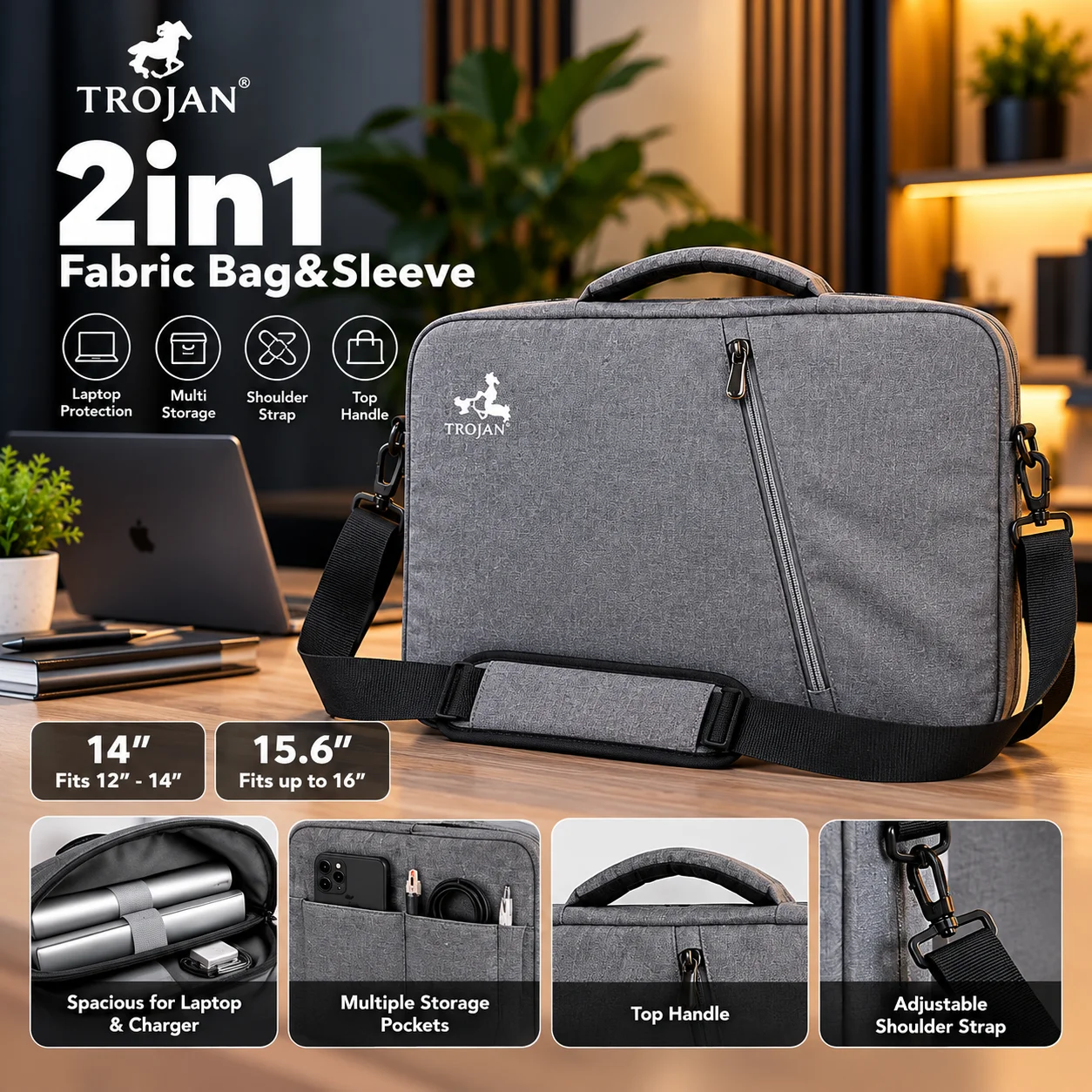 Trojan 2-in-1 Fabric Laptop Bag & Sleeve