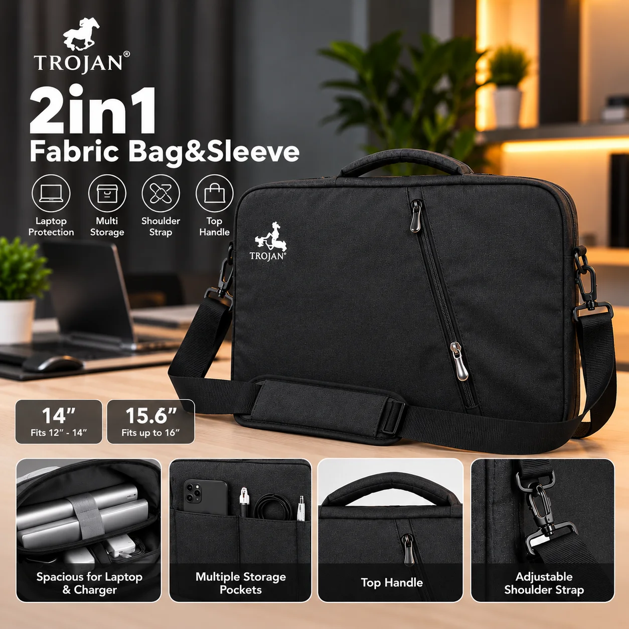 Trojan 2-in-1 Fabric Laptop Bag & Sleeve image 2